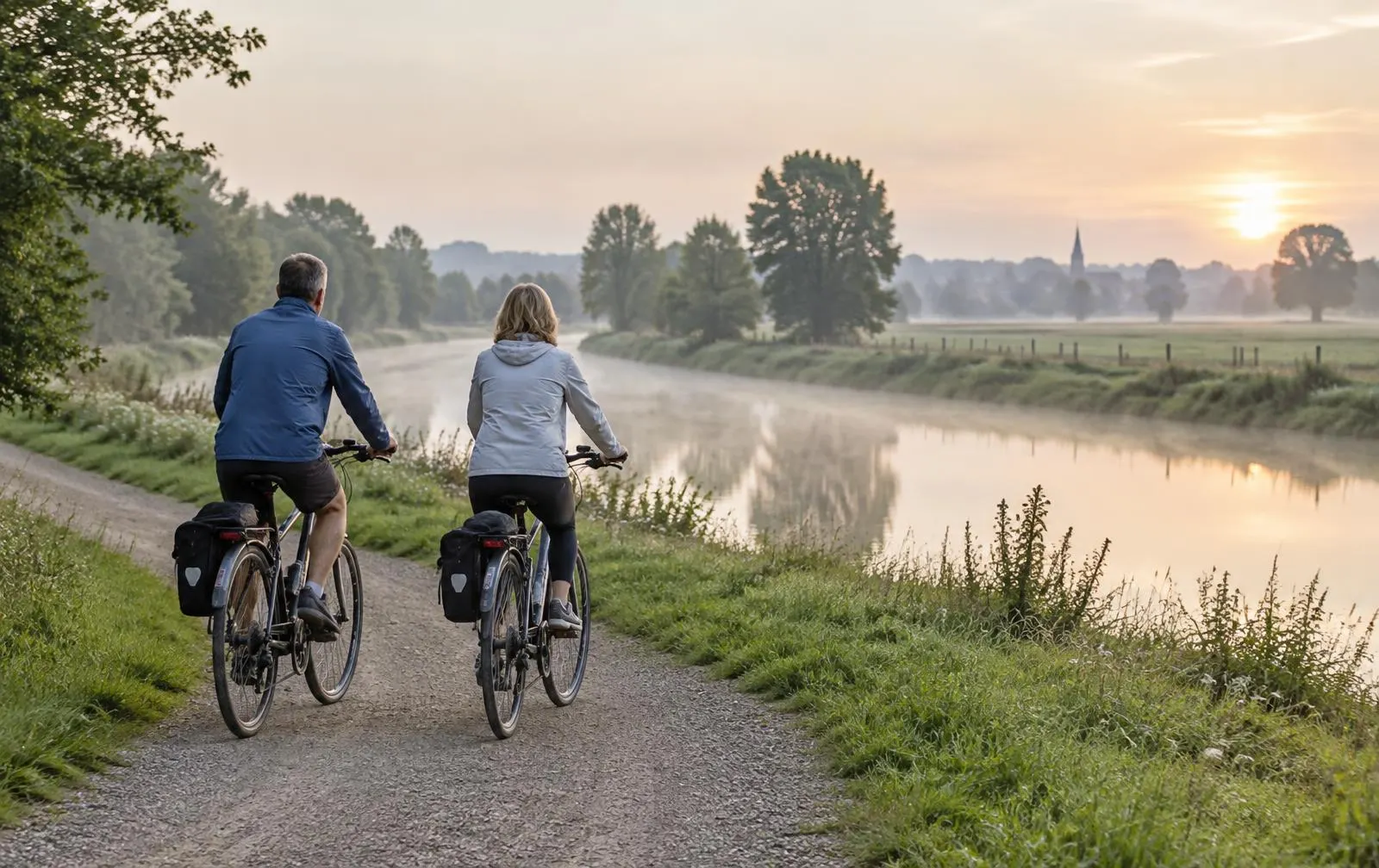Ein Paar mittleren Alters fährt im Morgenlicht auf einem Feldweg an einem Fluss Fahrrad, von hinten gesehen