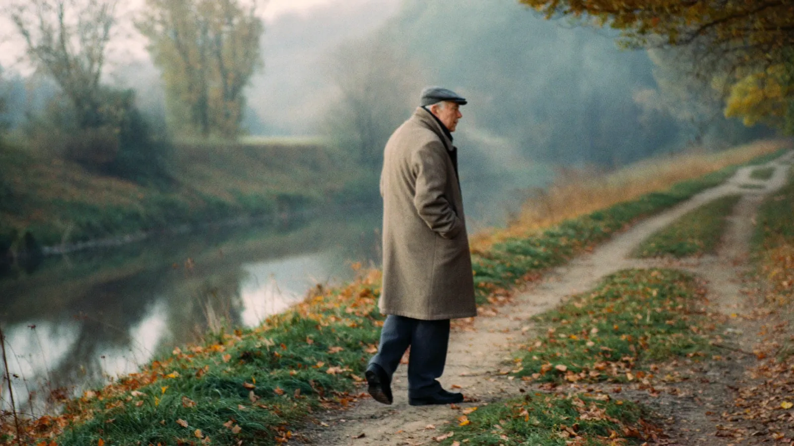 Älterer Mann in Mantel und Schiebermütze geht im herbstlichen Morgennebel einen Weg am Flussufer entlang