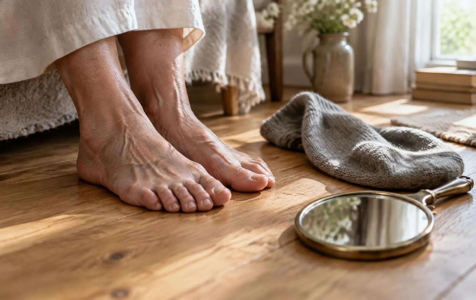 Nackte Füße auf einem Holzboden neben grauen Wollsocken und einem Handspiegel