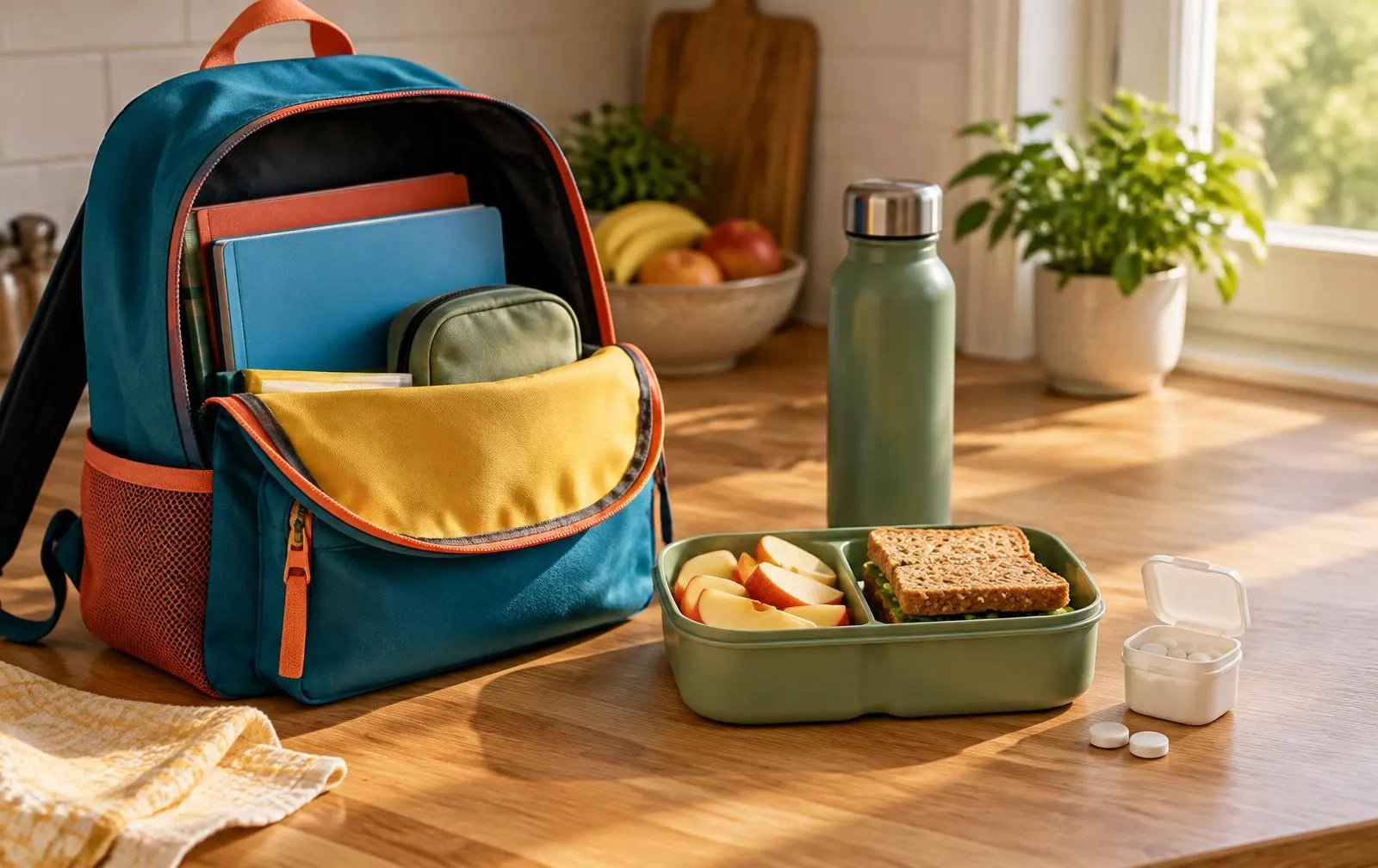 Ein offener bunter Schulrucksack neben einer Brotdose mit Apfelstücken, einer Trinkflasche und einer kleinen Dose Traubenzucker