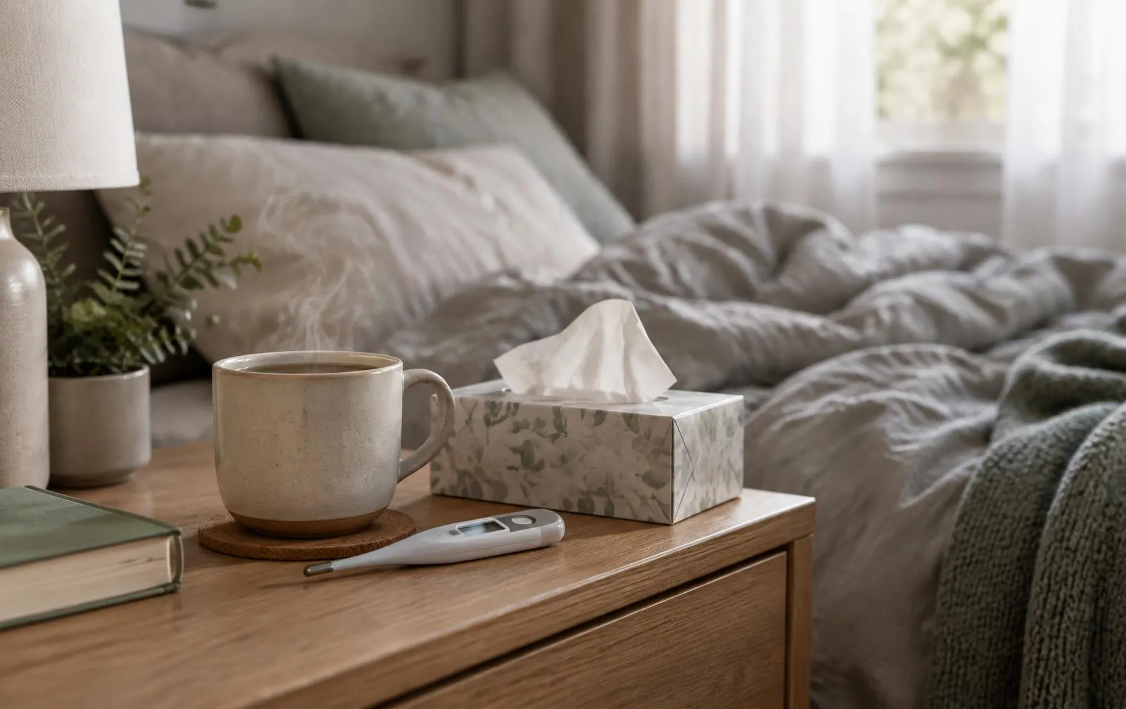 Eine dampfende Teetasse, ein Fieberthermometer und eine Taschentuchbox auf einem Nachttisch neben einem Bett