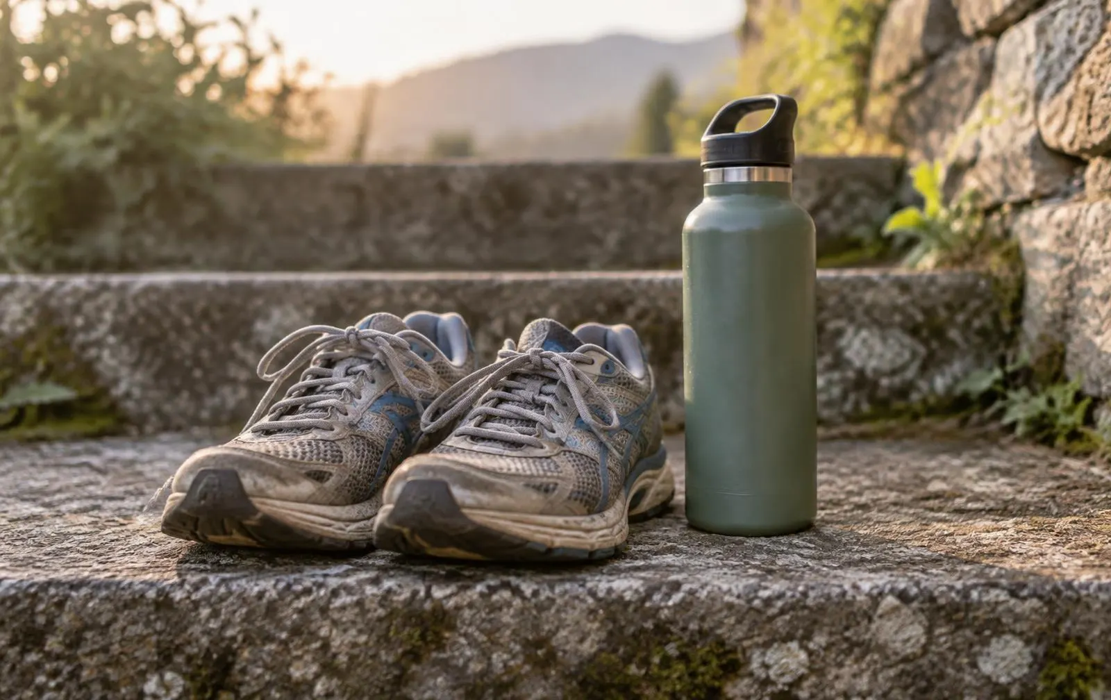 Ein Paar abgetragene Laufschuhe und eine grüne Trinkflasche auf einer alten Steintreppe im Morgenlicht