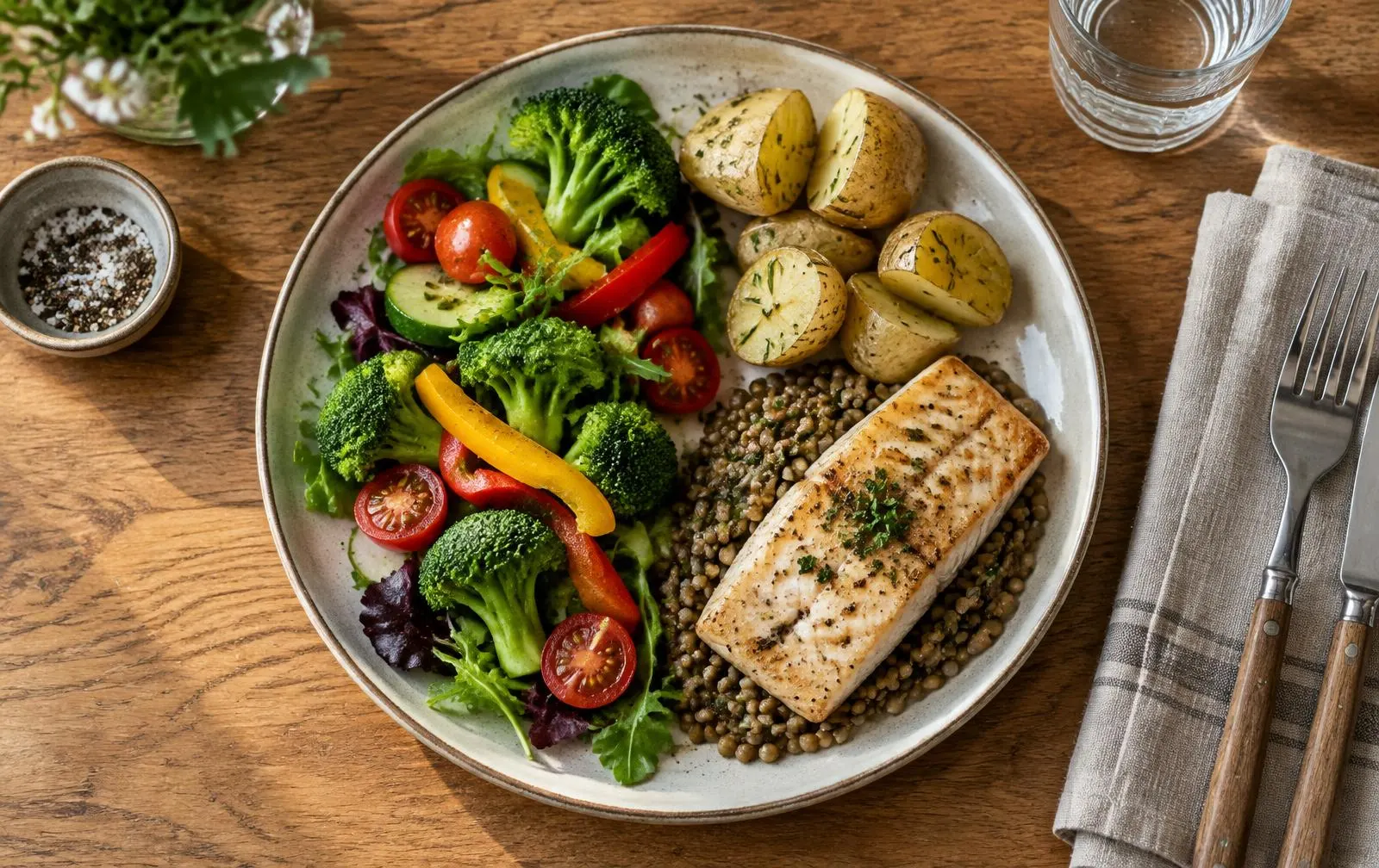 Draufsicht auf einen Teller mit viel buntem Gemüse, gegrilltem Fisch, Linsen und Kartoffeln auf einem Holztisch
