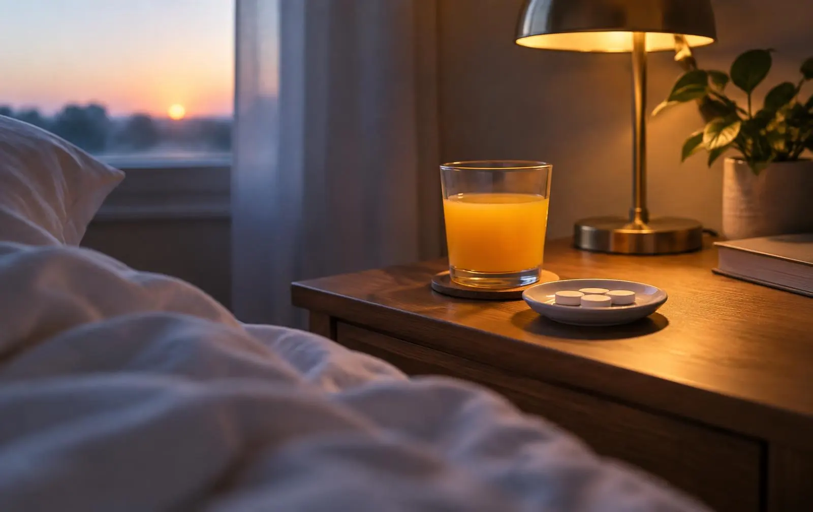 Ein Glas Orangensaft und Traubenzucker-Täfelchen auf einem Nachttisch im Morgenlicht