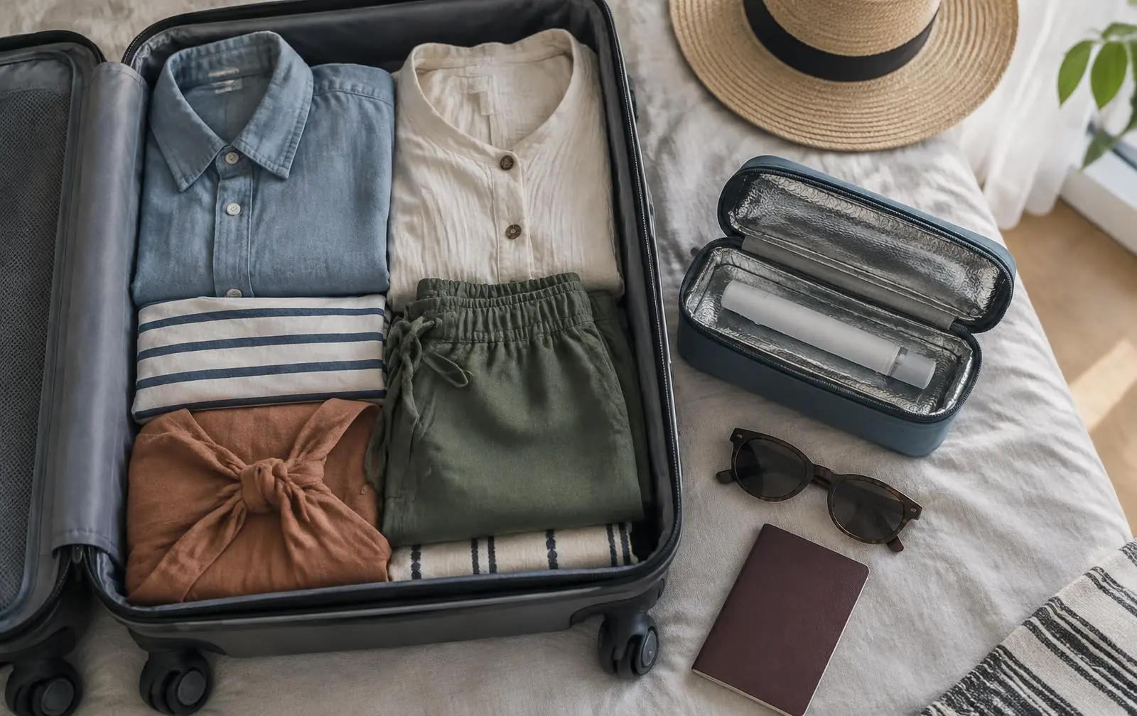 Geöffneter Koffer mit Sommerkleidung, daneben eine Kühltasche mit Insulinpen, Sonnenbrille und Reisepass